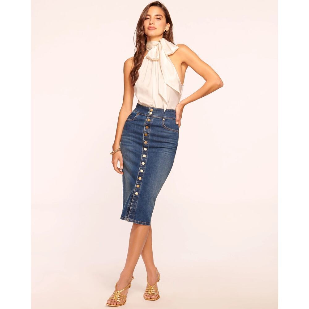 Ramy Brook Women's Karter High Waisted Denim Skirt Snap Up Front Stretch 25 XS